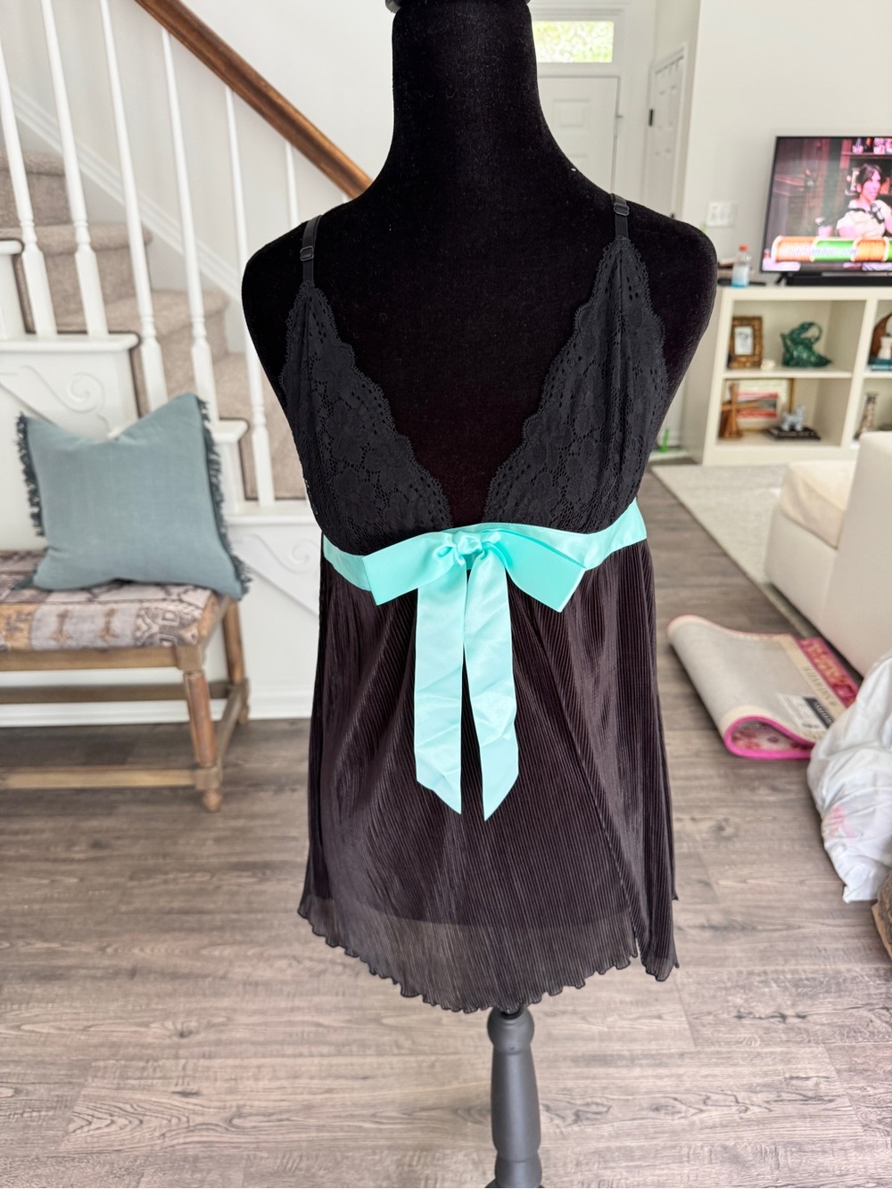 Victoria's Secret Black Lace Tank with Aqua Satin Bow